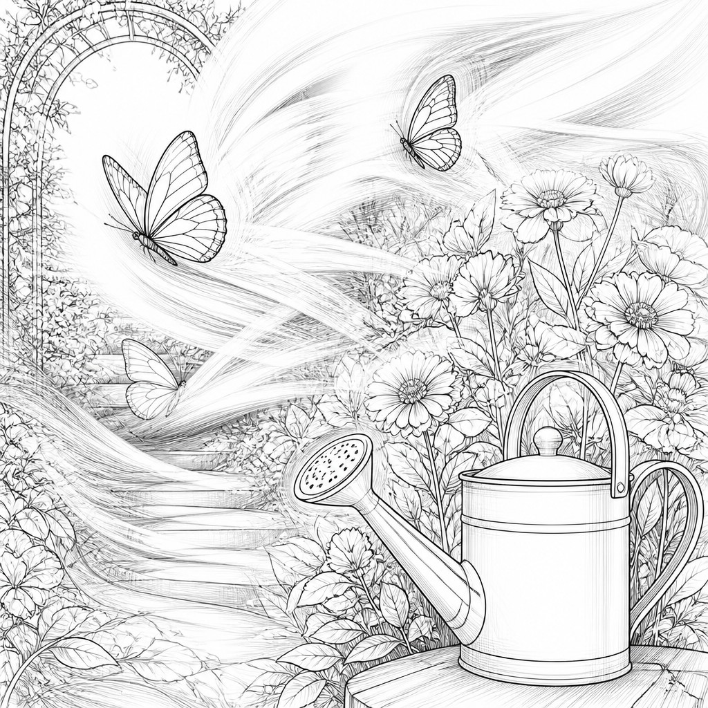 a garden scene with butterflies, flowers and a watering can, clean uncolored line art, no text