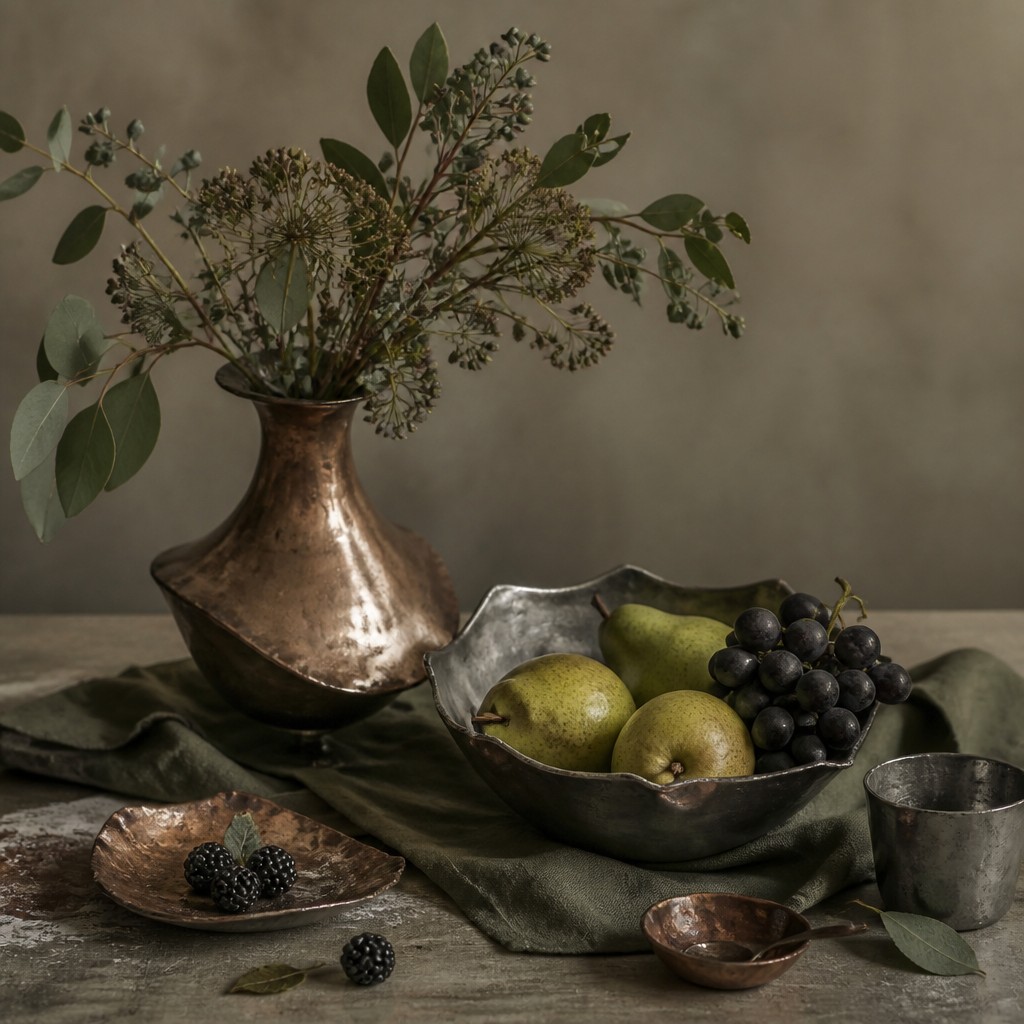 still life arrangement of fruits and flowers
