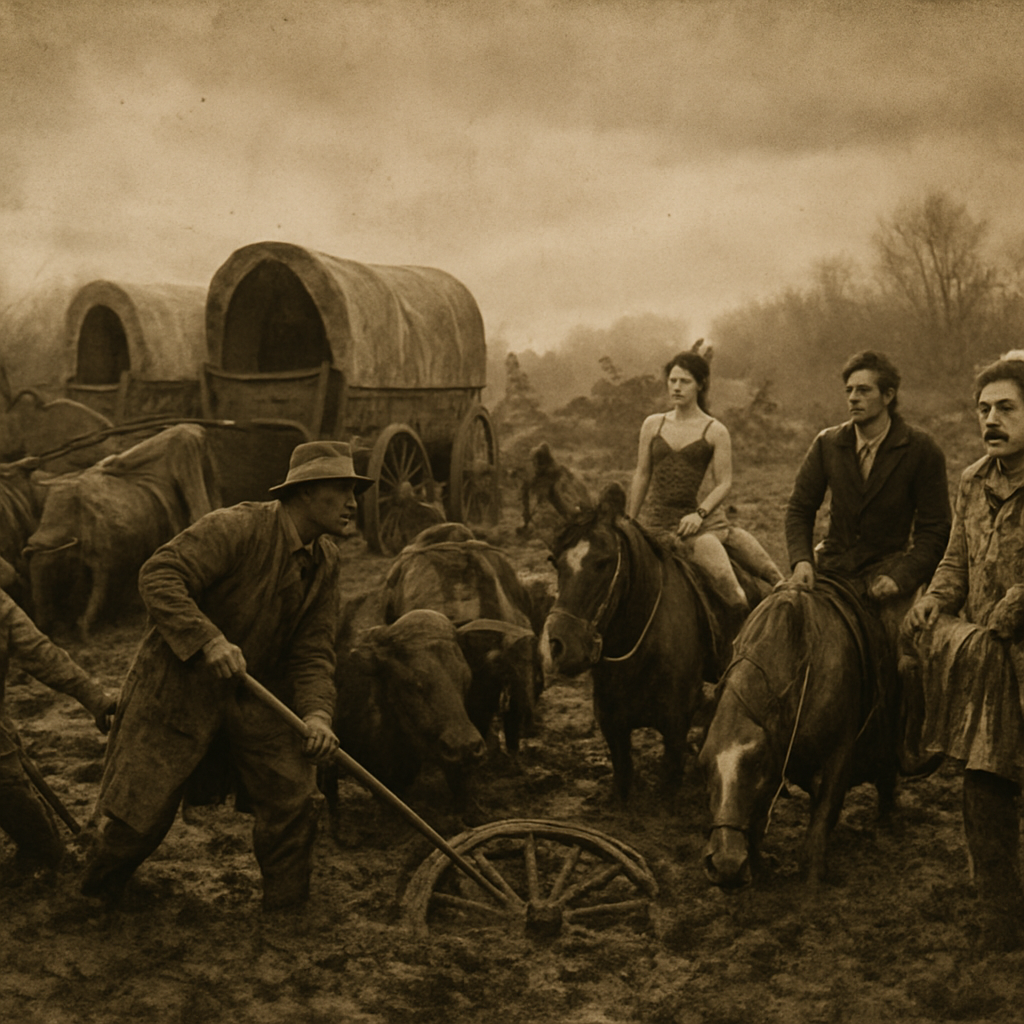 A cinematic, realistic image, set in the desolate, muddy expanse of the Texas Cross Timbers in 1840. The scene captures the return leg of the Chihuahua Traders Trail. Several heavy, wooden Conestoga wagons are hopelessly mired in deep, dark mud, pulled by straining, distressed oxen and mules. Merchants and teamsters in rugged, damp frontier clothing are struggling, using poles and ropes to try and free a wagon wheel.

In stark contrast, a group of bewildered and exasperated American equestrian circus performers, dressed in bright, slightly tattered stage costumes (e.g., a sequined acrobat, a rider in a velvet jacket, a clown attempting to keep his white makeup clean), stand nearby. They are trying to keep their fine horses and props (perhaps a small, colorful tent piece or a drum) out of the worst of the mire. The sky is overcast and oppressive, reflecting the damp, miserable conditions. The overall lighting should be dark and moody, emphasizing the frustrating five-week delay. Wide-angle shot, photorealistic quality, historical accuracy, dark realism.