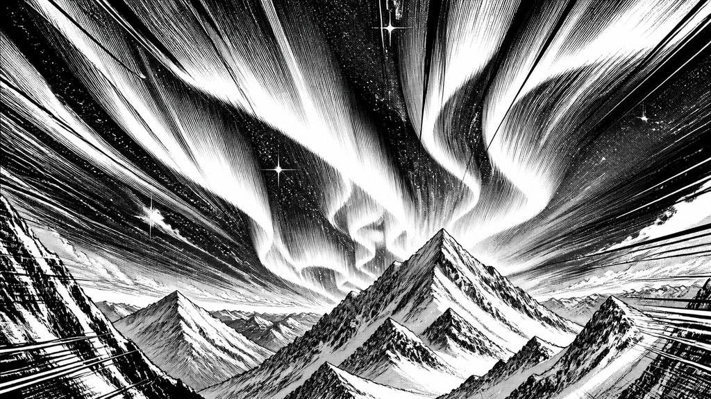 a flowing aurora over snowy peaks, wide sweeping composition, no people, no text