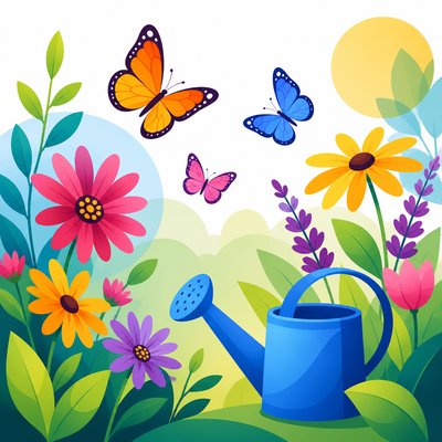a garden scene with butterflies, flowers and a watering can, clean uncolored line art, no text