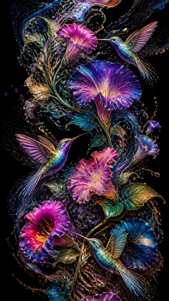 a climbing vine of flowers and hummingbirds on a dark background, tall wrapping composition, no text