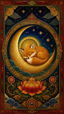 a sleeping baby fox curled on a crescent moon among soft stars, gentle and warm, no text