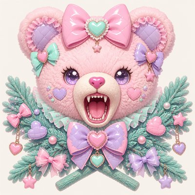 a roaring bear head above crossed pine branches, bold graphic composition on a plain background, no text
