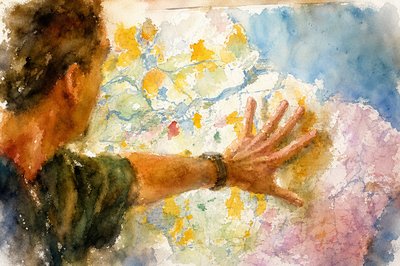 a watercolor painting of a man holding his hands out