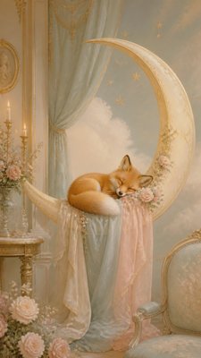 a sleeping baby fox curled on a crescent moon among soft stars, gentle and warm, no text