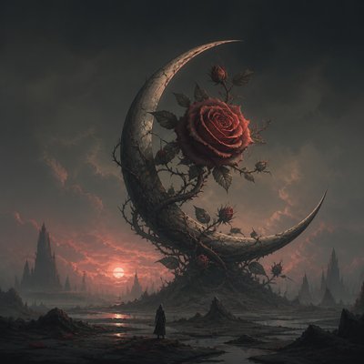 a rose entwined with a crescent moon, clean balanced composition on a plain background, no text