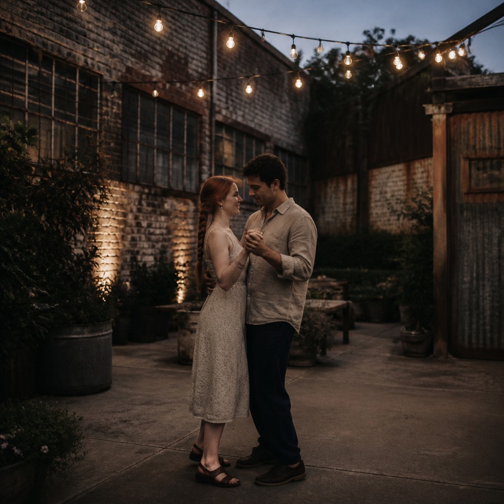 an original couple dancing under string lights in a garden at dusk: a man with short black hair in a linen shirt and a woman with braided red hair in a summer dress