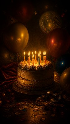 a birthday cake with lit candles surrounded by balloons and confetti, festive vertical composition, no text