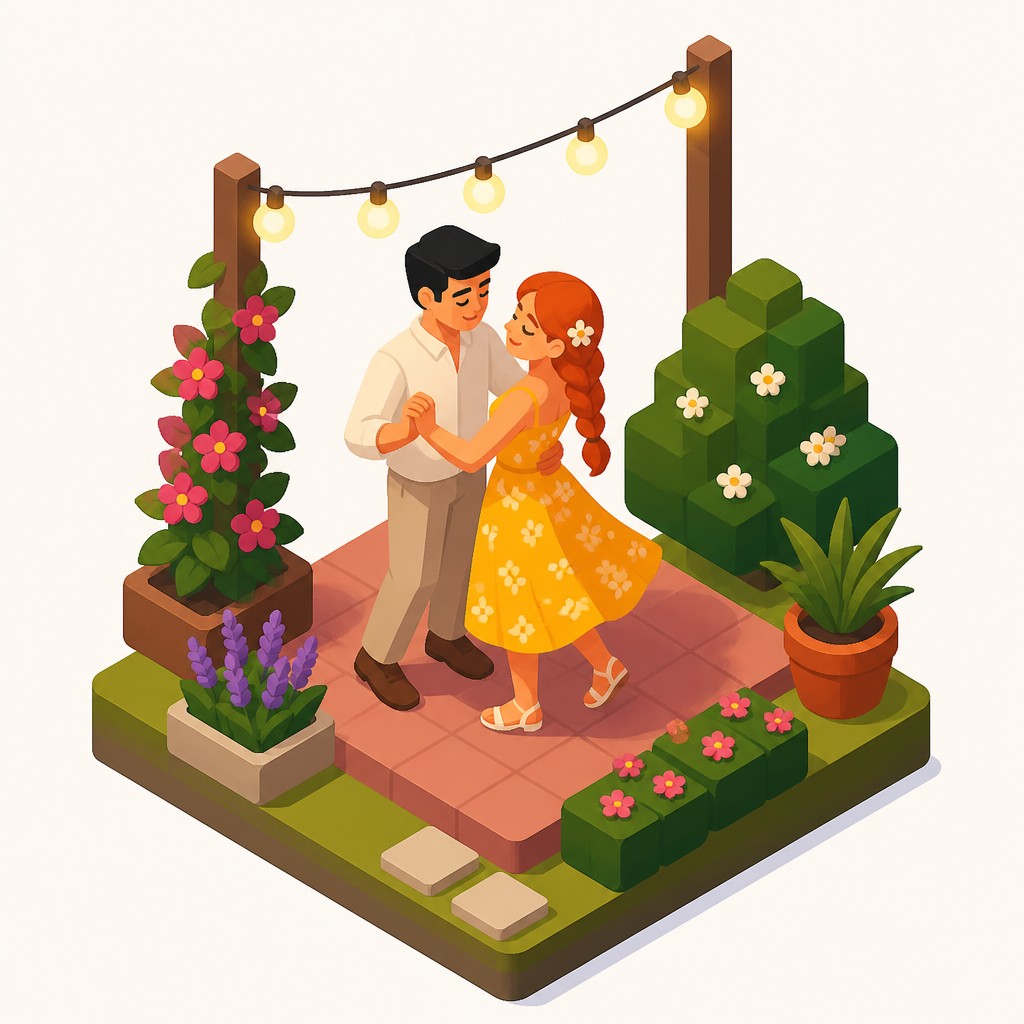 an original couple dancing under string lights in a garden at dusk: a man with short black hair in a linen shirt and a woman with braided red hair in a summer dress