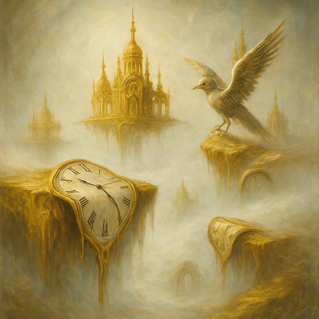 Create a surrealist artwork in high definition, blending gold and white tones. Depict ethereal, dreamlike landscapes with shimmering golden structures-like floating palaces or delicate filigree towers-emerging from a misty, white void. Add surreal elements, such as clocks melting over golden cliffs or white-winged creatures with metallic feathers, inspired by Dalí's style. Ensure vibrant contrast between the radiant gold and crisp, luminous white, with smooth textures and intricate details for a hyper-realistic yet fantastical effect.