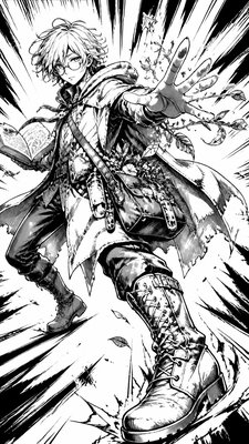 full-body original character: a wandering botanist with a satchel of plants, a patched green cloak, tall boots and round glasses, neutral background