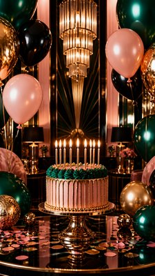 a birthday cake with lit candles surrounded by balloons and confetti, festive vertical composition, no text