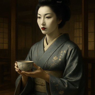 Cinematic Film Style, Traditional Japanese Ukiyo-e Influence, a regal and incredibly poised portrait of the geisha Mameha (inspired by Michelle Yeoh). She is seated in a refined, dimly lit wooden teahouse, her posture perfectly upright and elegant. She wears a heavy silk kimono in peaceful, sophisticated colors like slate blue and silver, with delicate hand-painted motifs of plum blossoms. Her face is a "mask" of white traditional makeup, featuring sharp red lips and wise, observant eyes that convey deep intelligence. She is in the middle of a ritual, perhaps holding a delicate porcelain tea bowl with perfectly choreographed hands. The lighting is soft and atmospheric, catching the shimmer of her silk and the intricate details of her high, lacquered hairstyle adorned with a single, understated silver hairpin. Focus on the feeling of quiet power, impeccable grace, and the stillness of a master artist.