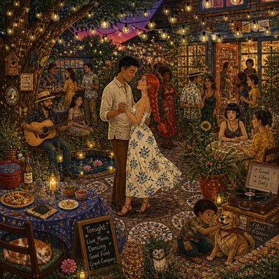 an original couple dancing under string lights in a garden at dusk: a man with short black hair in a linen shirt and a woman with braided red hair in a summer dress
