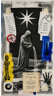 a robed figure pouring water beneath a large eight-pointed star in a night sky, symmetrical composition with an ornate decorative border, no text