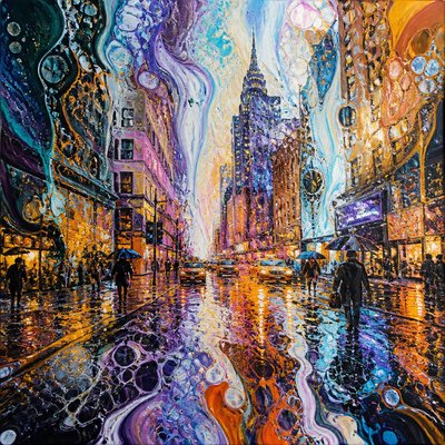 urban street with city activity — Fluid Abstract Art Style