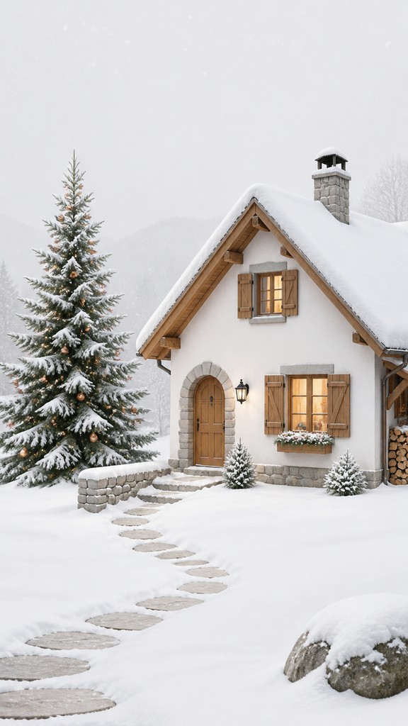 a snow-covered cottage with warm glowing windows beside a decorated pine tree, gentle snowfall, no text