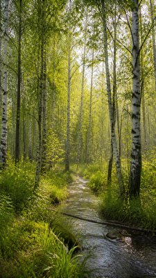 a serene birch forest in soft morning light, no people, no text