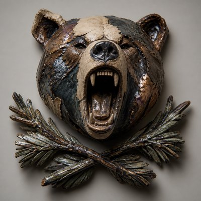 a roaring bear head above crossed pine branches, bold graphic composition on a plain background, no text