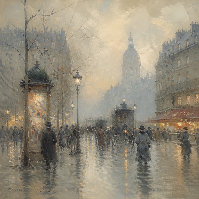 urban street with city activity — Atmospheric Impressionism Art Style