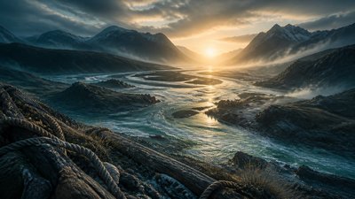 a vast valley with a river winding toward distant mountains at sunrise, no people, no text