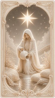 a robed figure pouring water beneath a large eight-pointed star in a night sky, symmetrical composition with an ornate decorative border, no text