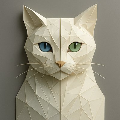 Low-poly geometric portrait of a cat's upper body facing slightly to the right, with shades of blue tones mixed with shades of. orange, brown, and golden yellow shades polygonal facets, with a large blue eye, black pupil, and subtle white highlight. The right eye is  a vibrant green eye, black pupil, and white highlight. Thin white whiskers extend from the muzzle on both sides. Solid medium-gray background. Style: minimalist vector art, faceted like origami or crystal, high contrast, no outlines except subtle edges, symmetrical split for a duality theme.

