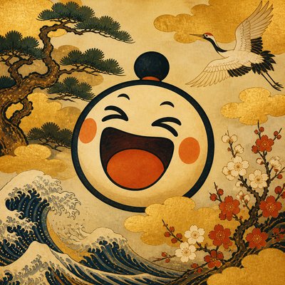 an exaggerated laughing face of an original round mascot character, bold and readable at small size, plain background, no text