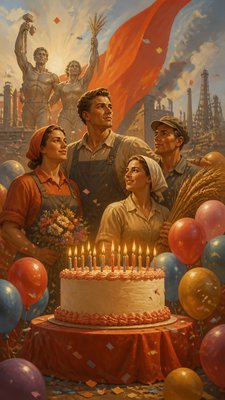 a birthday cake with lit candles surrounded by balloons and confetti, festive vertical composition, no text