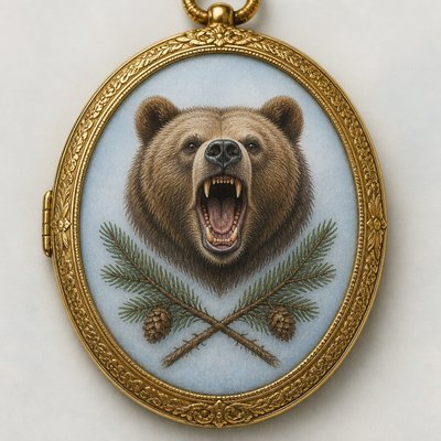 a roaring bear head above crossed pine branches, bold graphic composition on a plain background, no text