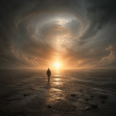 a solitary figure walking toward a glowing horizon across an empty plain, moody atmosphere, no text or lettering