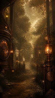 a mysterious forest path with fireflies and drifting mist, atmospheric vertical composition with open space at the top, no text