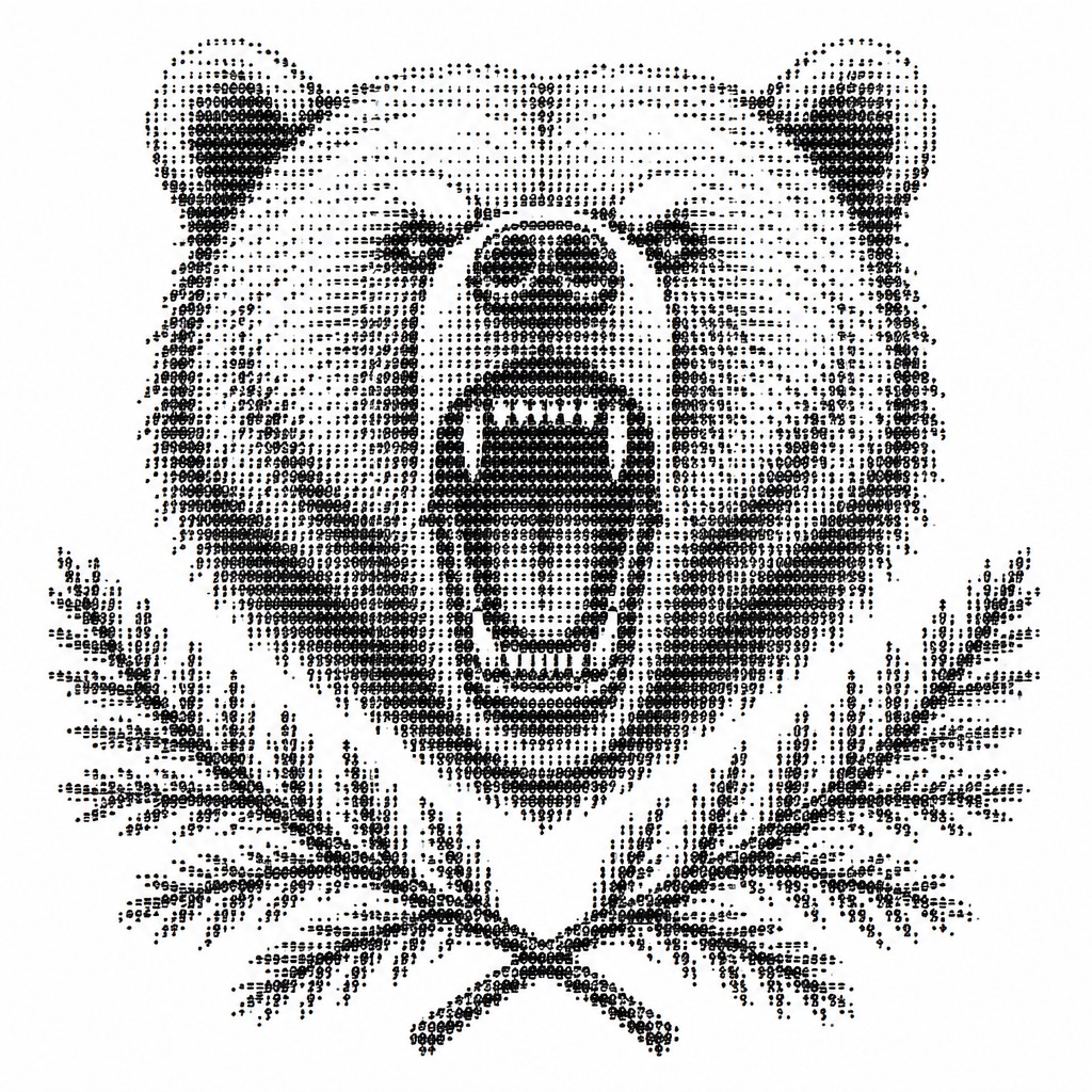 a roaring bear head above crossed pine branches, bold graphic composition on a plain background, no text