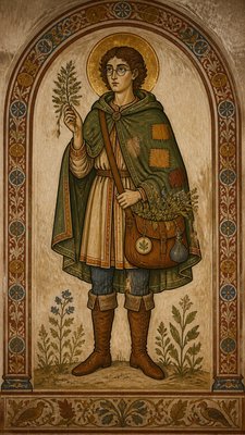 full-body original character: a wandering botanist with a satchel of plants, a patched green cloak, tall boots and round glasses, neutral background
