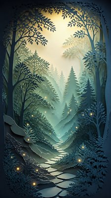 a mysterious forest path with fireflies and drifting mist, atmospheric vertical composition with open space at the top, no text