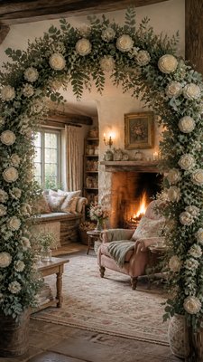 an arch of white roses and eucalyptus in soft morning light, elegant vertical composition with open space, no text