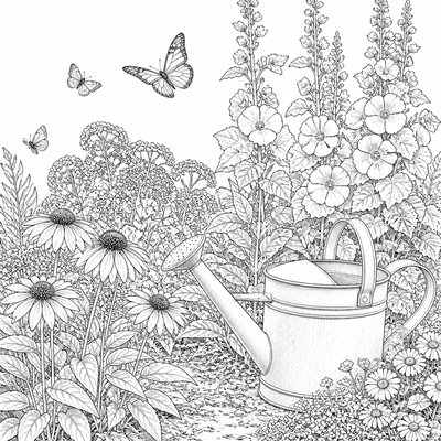 a garden scene with butterflies, flowers and a watering can, clean uncolored line art, no text
