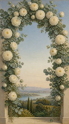an arch of white roses and eucalyptus in soft morning light, elegant vertical composition with open space, no text