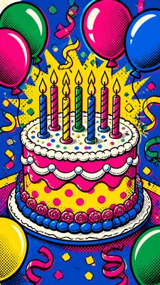 a birthday cake with lit candles surrounded by balloons and confetti, festive vertical composition, no text