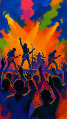 a live music scene with a glowing stage and silhouetted crowd, energetic vertical composition with open space at the top, no text