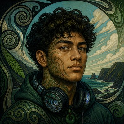 head-and-shoulders portrait of an original character: a young man with curly dark hair and headphones around his neck, plain backdrop, no text