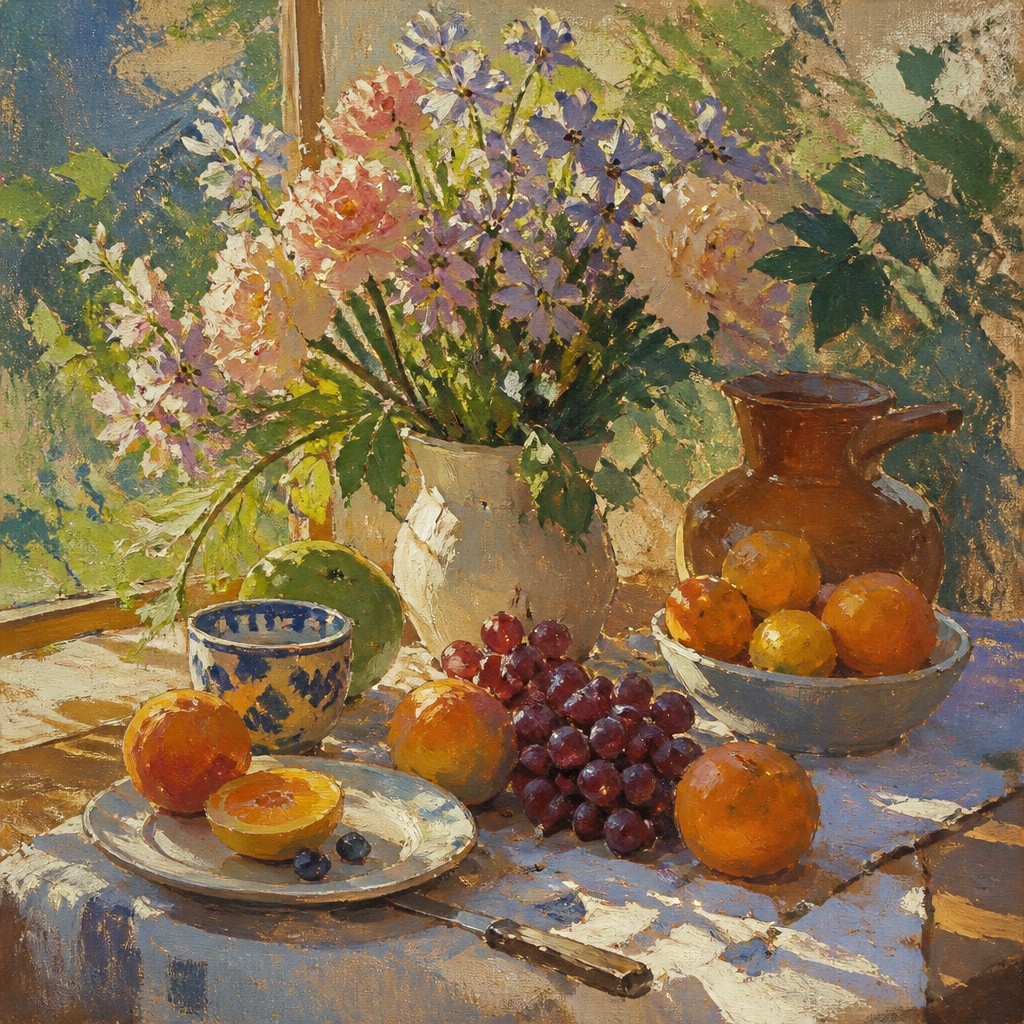 still life arrangement of fruits and flowers