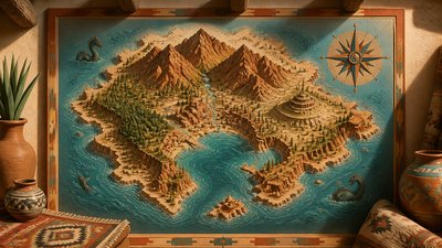 a map of an island realm with mountains, forests, a sheltered bay, sea monsters in the water and a compass rose, no text labels
