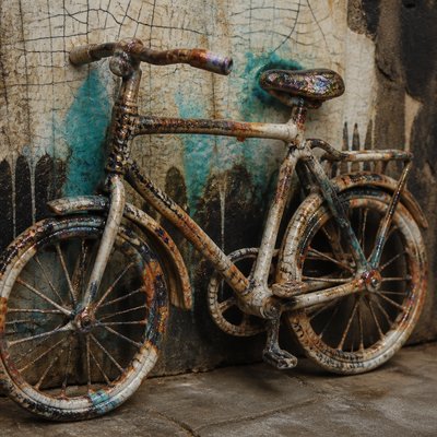 bicyle resting against a wall