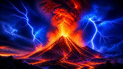 an erupting volcano with lightning strikes, dramatic wide composition, no text