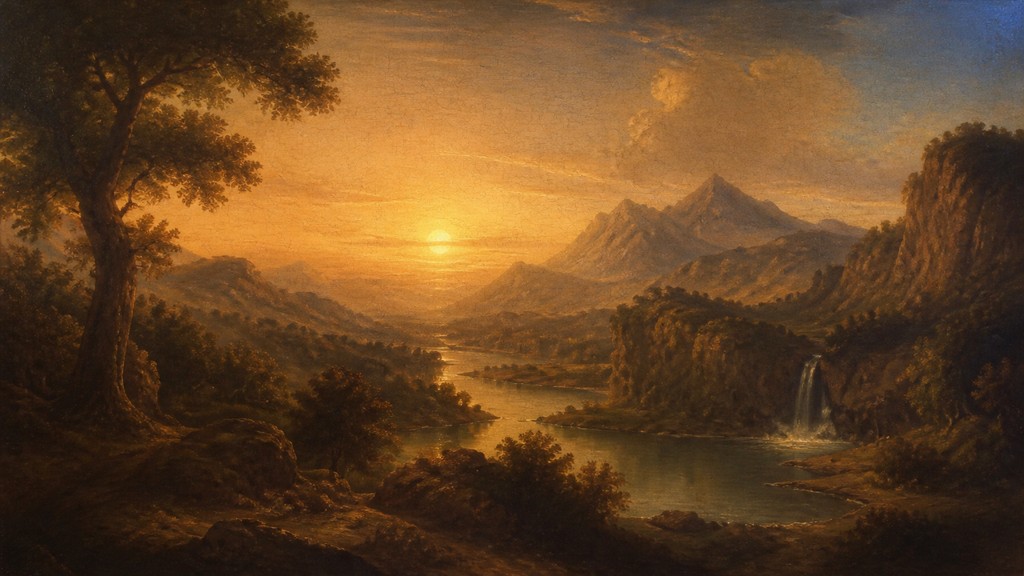 a vast valley with a river winding toward distant mountains at sunrise, no people, no text