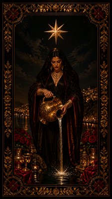 a robed figure pouring water beneath a large eight-pointed star in a night sky, symmetrical composition with an ornate decorative border, no text