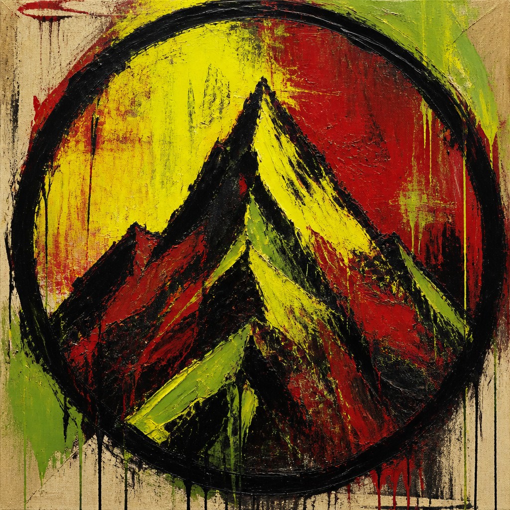 an emblem of a mountain peak inside a circle, simple bold shapes on a plain background, no text or lettering