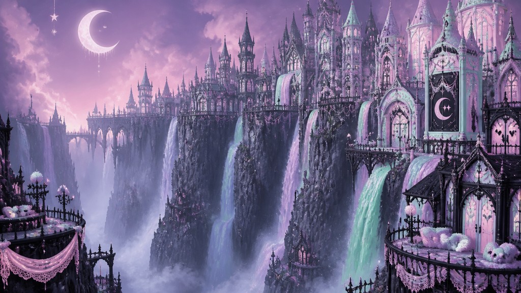 a cliffside city with waterfalls cascading into a misty canyon, wide establishing shot, no people, no text